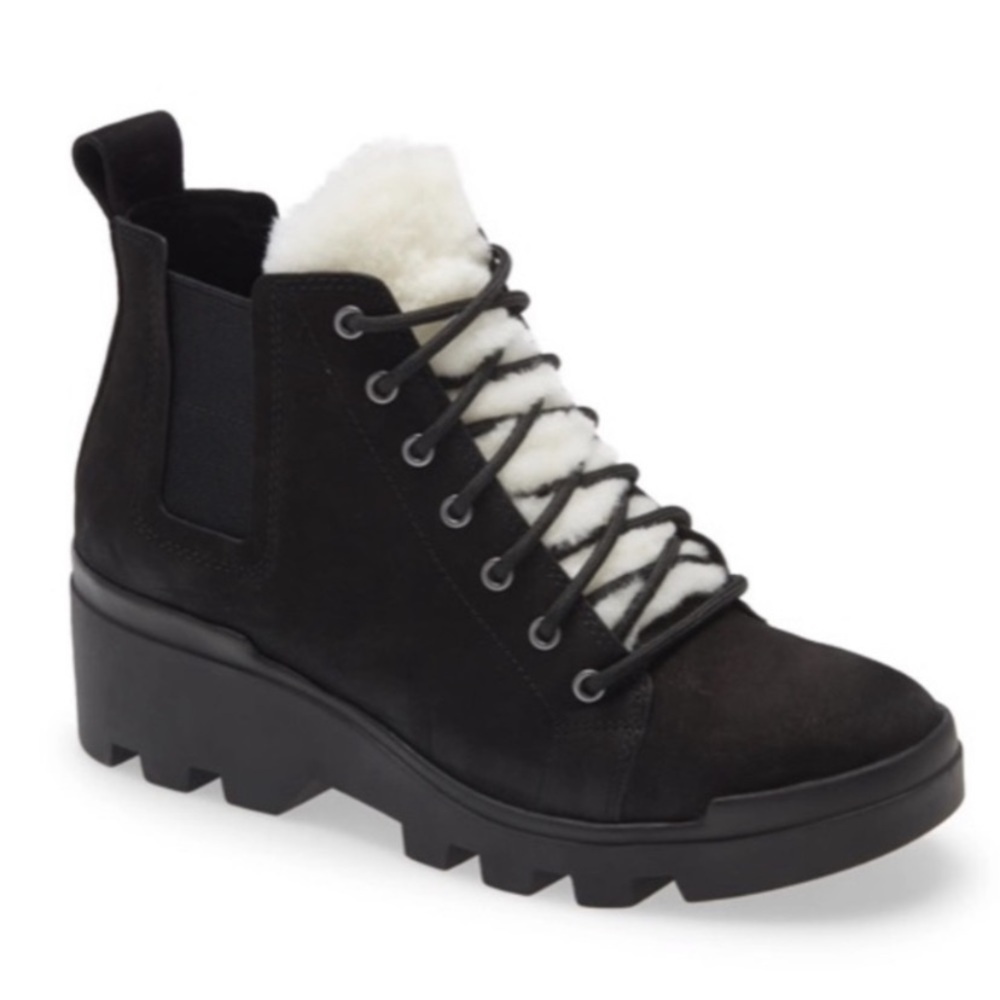 Eileen Fisher NuBuck Suede & Shearling Black Winter Bootie Size 8.5